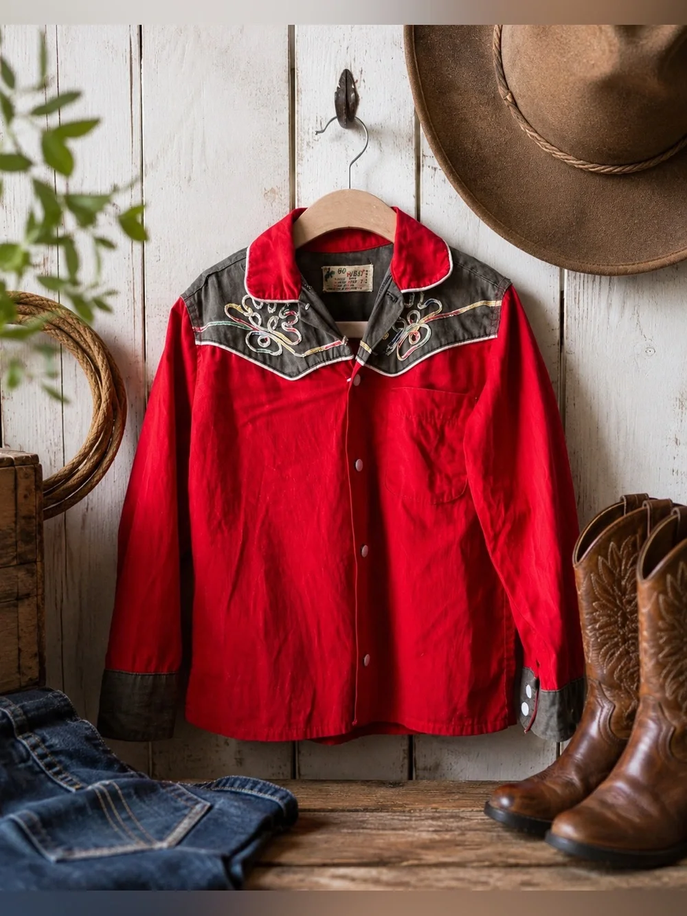 Vintage 1950s Go West Young Man Kids Cowboy Western Shirt, Size 7